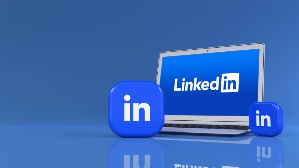 3D rendering of two LInkedin square badges in front of a noteboo